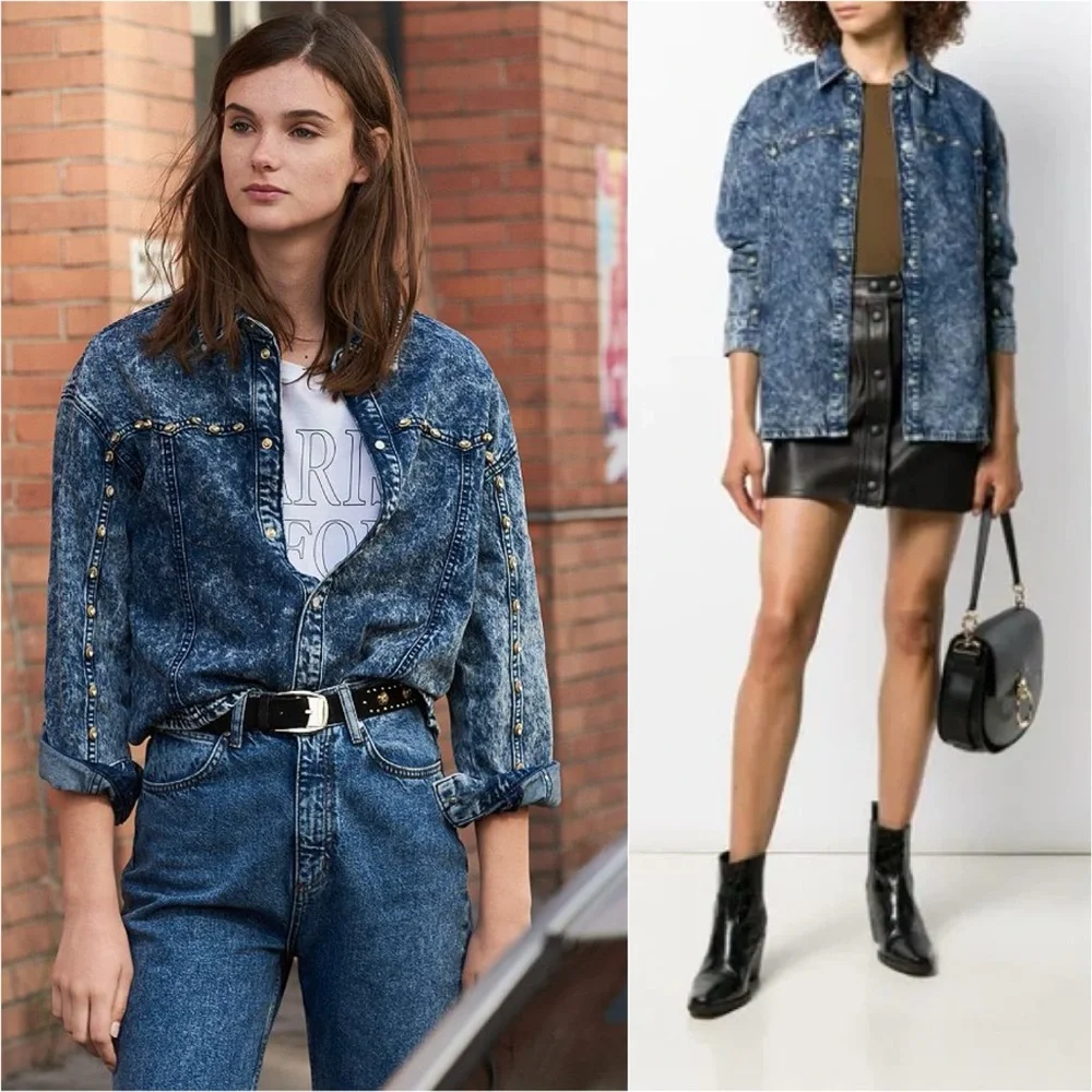 NWT Sandro Stane Denim Rhinestone Pearl Shirt Midnight Blue Western Jacket US 8 - Picture 2 of 16